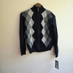 IZOD Boys Black Argyle Full Zip Cotton Sweater Mock Neck Size Med NWT Preppy